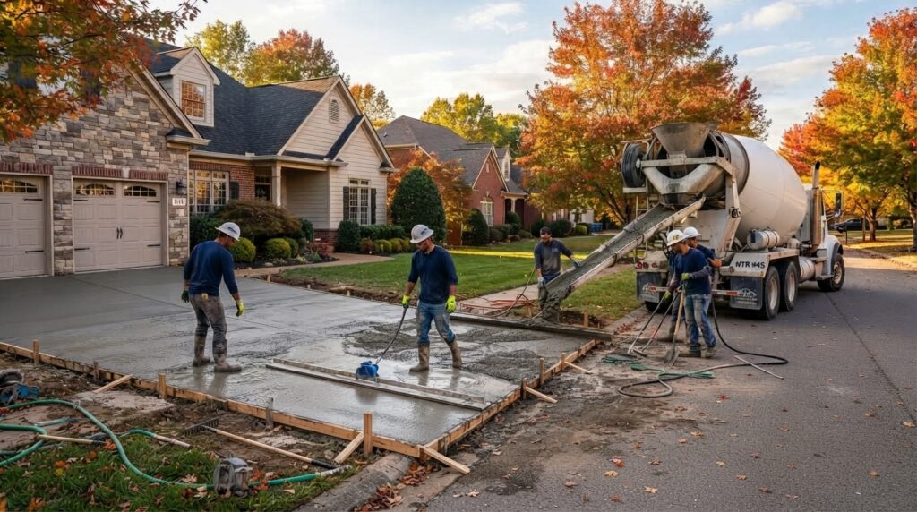 Crew pouring fresh concrete driveway